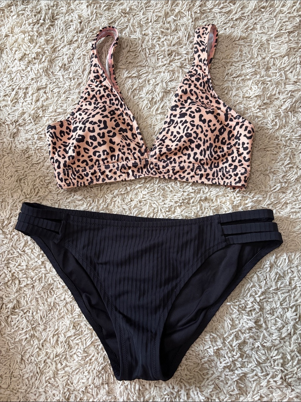 Shade & Shore Peach Leopard Triangle Bikini Top with Black Bottoms